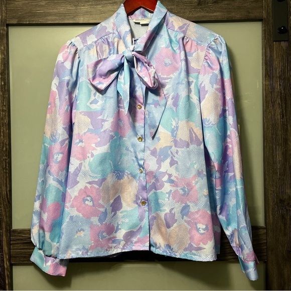 Anderson-Little Tops - Vintage Anderson-Little Floral Paste Pink & Blue 70's Secretary Blouse with Bow